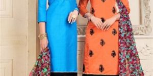Blue And Orange Colored Cotton Butti And Chanderi Salwar Suit