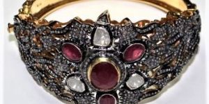 HANDMADE DIAMOND POLKI RUBY 925 SILVER GOLD PLATED BANGLE