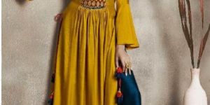 Women Long Kurti Yellow Color Silk