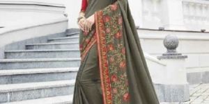 Olive Colour Banglori Silk Embroidery Saree with Unstitched Blouse