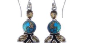 925 STERLING SILVER CITRINE and TURQUOISE HANDMADE WOMEN'S DANGLE EARRING