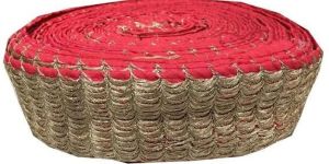 Lehenga Lace Border Trim Copper Embroidered on Red Cotton Mix Slub Border