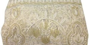 White Embroidered Fabric with Gold Sequins on Net Mesh Tulle Base