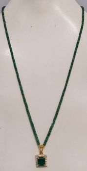 Natural Emerald and Diamonds in Gold Pendant with Emerald Bead Necklace