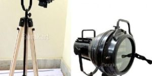 Vintage Industrial Spotlight on Wooden Tripod Floor Lamp