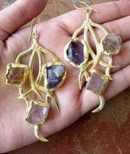 Raw Rough Tree Brunch Shape 3Stone Top with Hook Earring