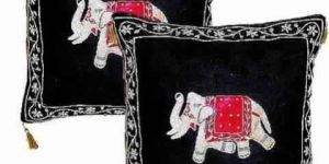 Charming Black Elephant Zardosi Velvet Cushion Cover