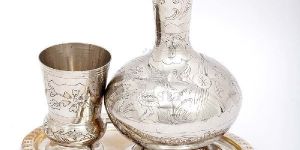 BRASS SET OF JUG GLASS AND TRAY