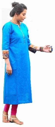 Blue Supernet Plain Casual Kurti