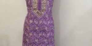Lavender Tussar Silk Chikankari and Gota Patti Neckline Kurti Fabric