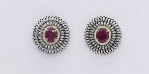 White Stud Earring with Centre Ruby Stone