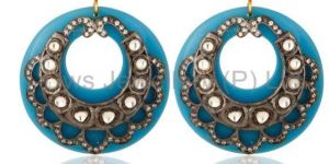 18K Gold Plated Crystal Polki Blue Bakelite Earring