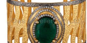 22K Yellow Gold Plated Brass Green Glass And CZ Hammered Wide Cuff Bracelet