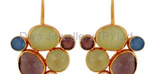 24K Yellow Gold Plated Brass Aqua Chalcedony And Hydro Amethyst Earrings