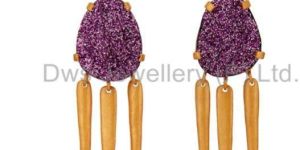 24K Yellow Gold Plated Brass Purple Druzy Agate Multi Spike Chandelier Earrings