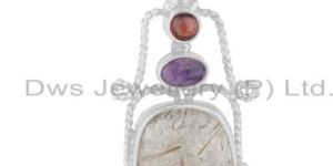 Garnet, Amethyst and Rutile Gemstone 925 Silver Designer Pendant