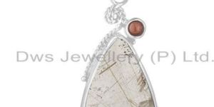 Garnet and Rutile Quartz Gemstone Designer 925 Sterling Silver Pendant