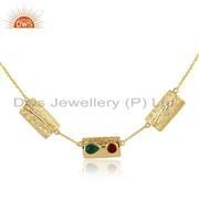 Garnet Green Onyx Gemstone Vintage Design Gold Plated Silver Necklace
