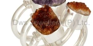 Handmade Sterling Silver Amethyst And Citrine Druzy Wide Bangle / Bracelet