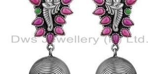 Peacock Design Oxidized Silver Multi Hydro Gemstone Jhumka Earrings