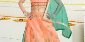 Peach Kids Wear Banglori Silk Embroidery Work Lehenga
