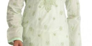 Hand Embroidered Green Cotton Lucknow Chikankari Mens Kurta
