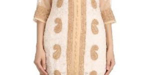 Embroidered Fawn Faux Georgette Lucknow Chikan Kurti