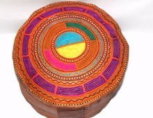 Real Genuine Leather Ethnic Round Multi Color Handmade Embroidered Pouf Cover