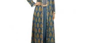 Blue Printed Long Jacket with Top And Pants