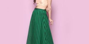 Peach Embroidered Blouse with Green Skirt