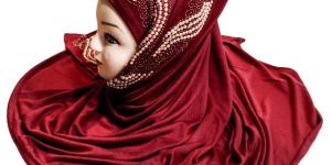 Maroon Color Pearl and Diamond Stone Work Hosiery Soft Cotton Hijab Scarf Dupatta