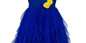 Yellow and Blue Printed Waterfall Girls Party Dress