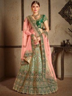 Green Nylon Satin Bridal Wear Zari Stone Work Lehenga Choli