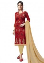 Maroon Chanderi Cotton Regular Wear Embroidery Work Churidar Style