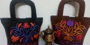 Embroidered Velvet & Sheep Leather Handbag