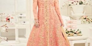 Designer Peach Color Silk Embroidered Indo-Westorn Salwar Kameez