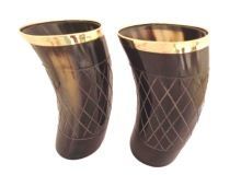 Drinking Horn Mug Cups Brass Dressed Set