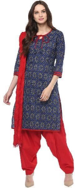Kurti Geometrical Print Blue Cotton Suit Set