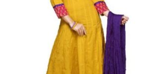 YELLOW AND FUCHSIA COTTON READYMADE ANARKALI CHURIDAR SUIT