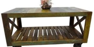 Rustic Solid Wood Coffee Table with Wheel
