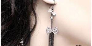 Silver Black Rhinestone Bow Earrings