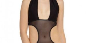 Women Deep Neck Cut out Black Racer Style Lace Mesh One Piece Swimming Costume