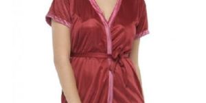 Women Maroon Short Satin Babydoll Robe Nighty Dress