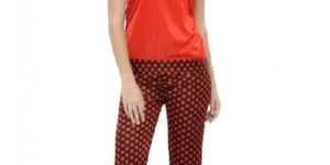 Women Short Sleeves Polka Dot Print Red Satin Top Pyjama Set Loungewear Nightwear Night Suit
