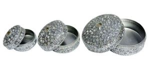 ROUND SHAPE ETHNIC GLITTER WORK JEWELERY BOXES LAC ITEM SILVER