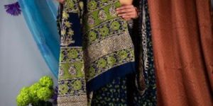 Natural Ajrakh Hand Block Printed Cotton Saree