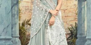 Resham Embroidered Ash Grey Anarkali Suit