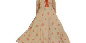 Beige Floor Long Rayon Frock Kurti