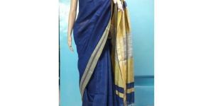 Blue Plain Linen Saree