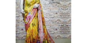 Yellow Printed Linen Saree